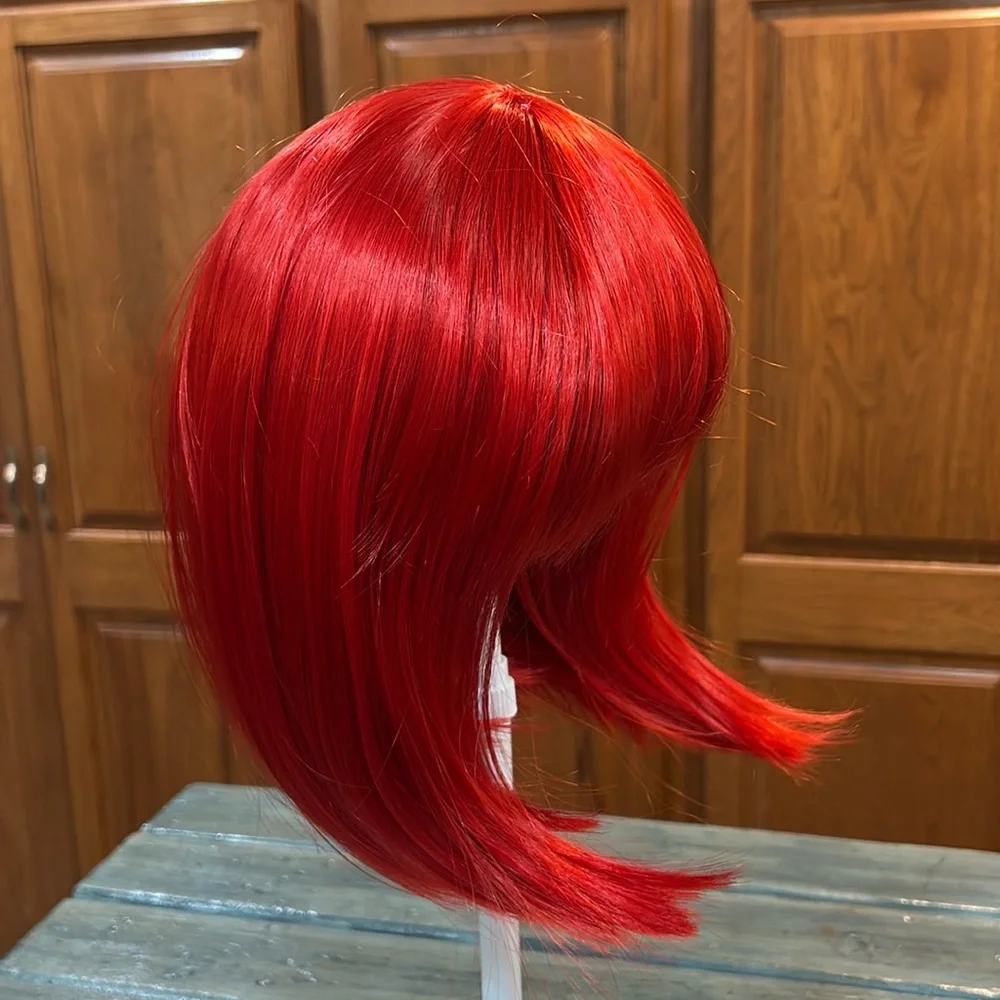 NWOT Red Medium Length Synthetic Wig w/ Bangs Open Mesh Cap Adjustable Strap